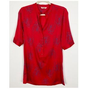 Tucker Top Size Small Silk Red Blue Print Split Neck